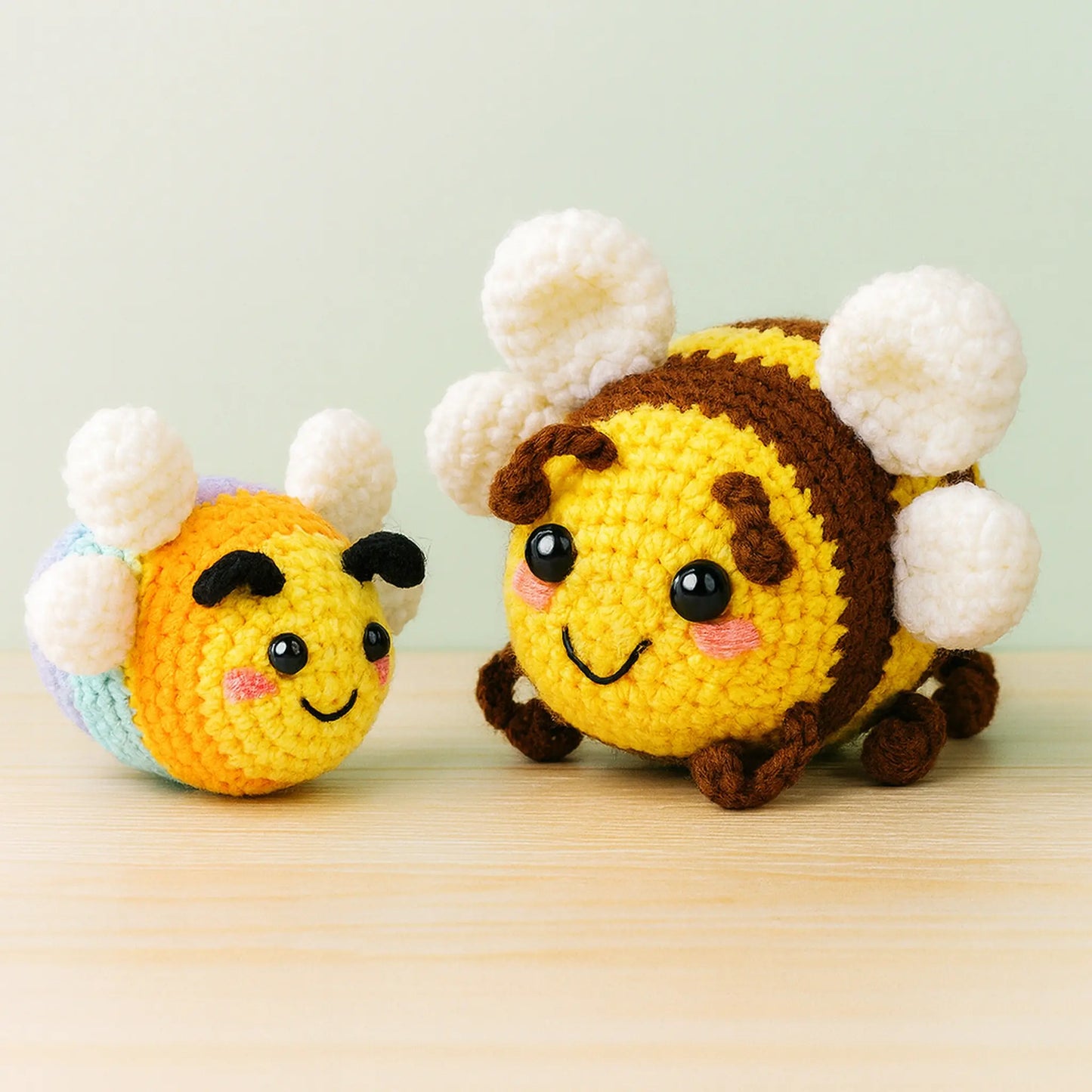 Kit crochet pour débutant thème abeille, avec pelotes, crochets et accessoires disposés sur fond clair