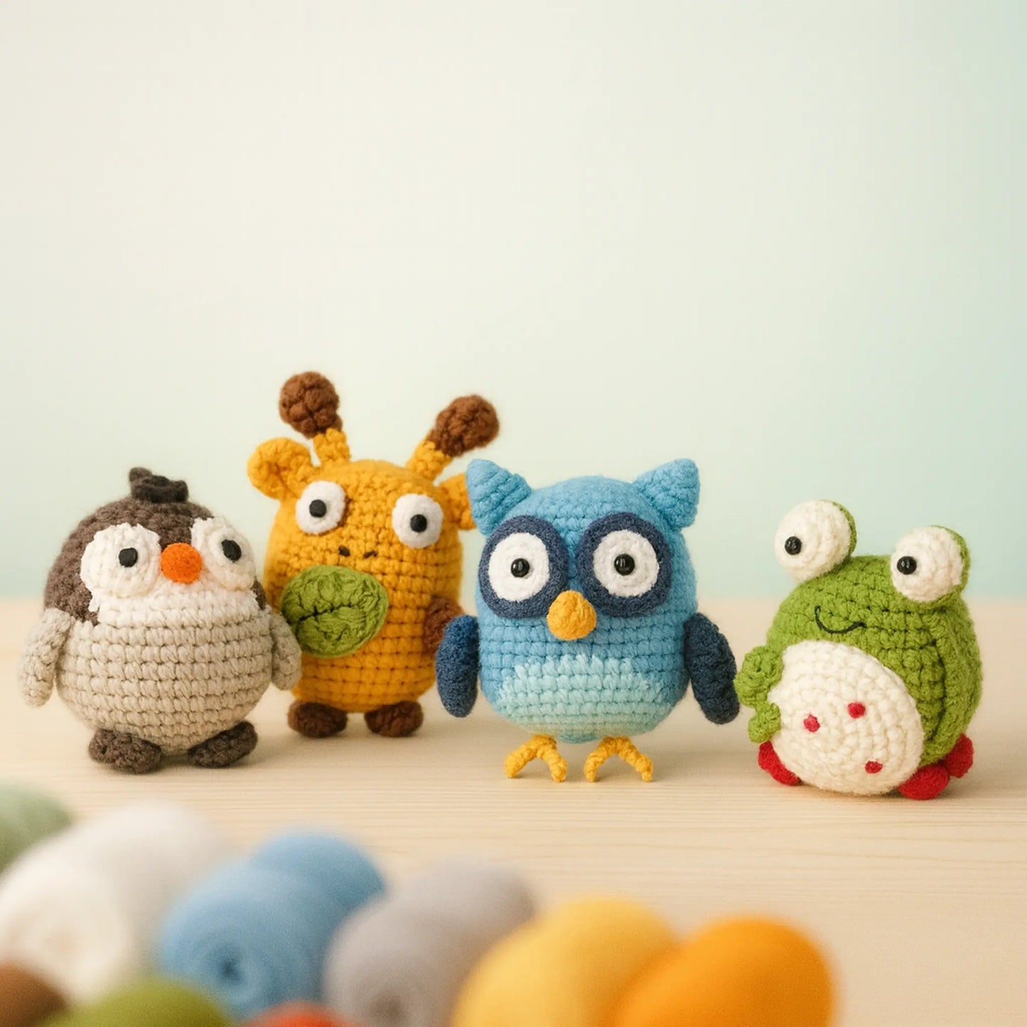 Kits crochet débutant avec animaux amigurumi girafe, hibou, grenouille et pingouin