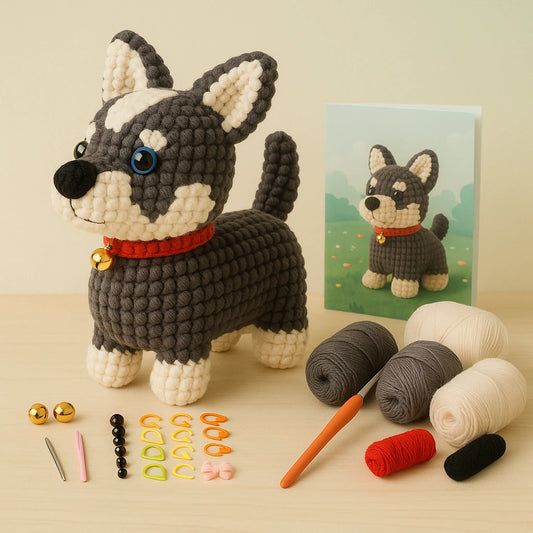 Kit crochet chien Husky amigurumi en laine — débutant avec matériel inclus
