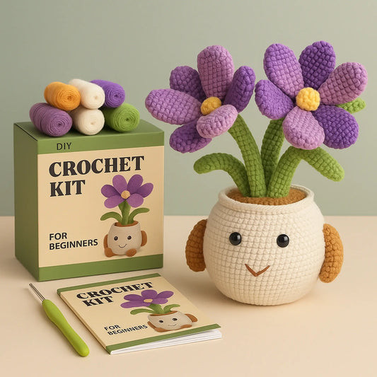 Kit crochet débutant pour créer un pot de fleurs violettes en laine, amigurumi fait main