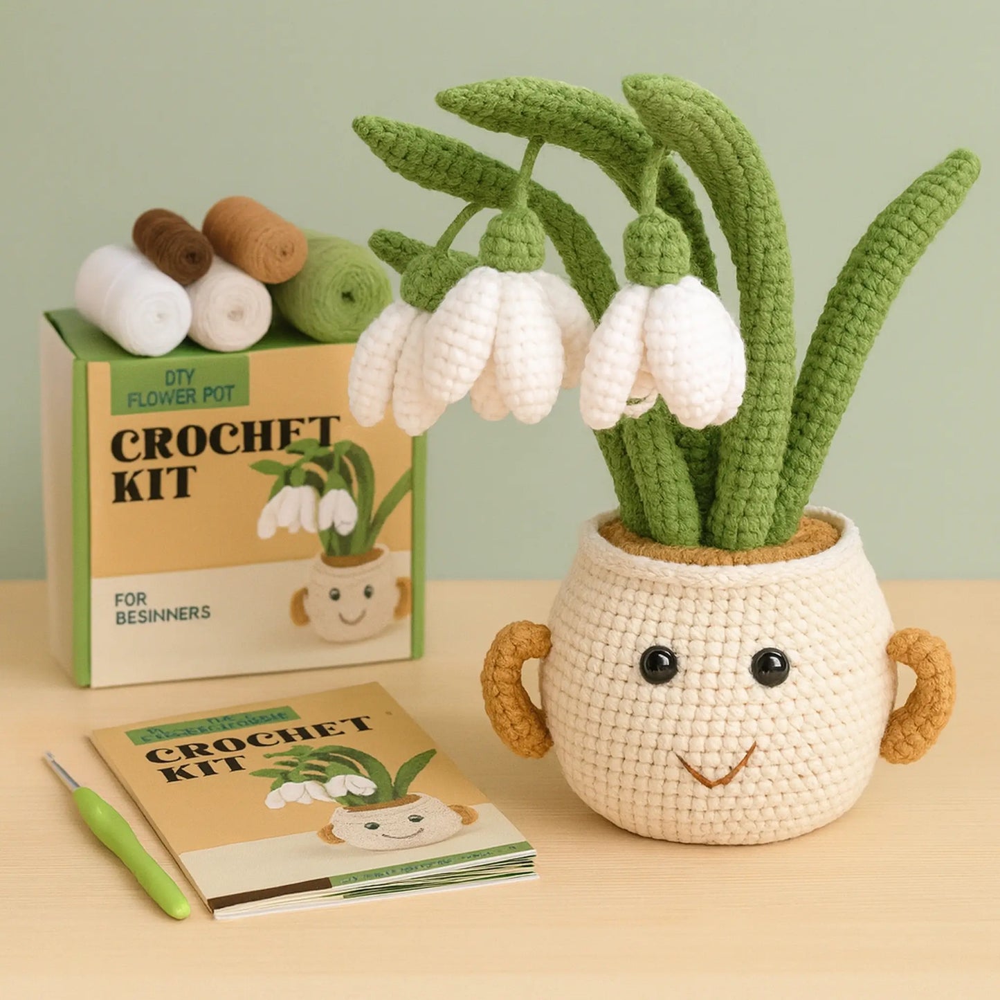 Contenu complet d’un kit crochet débutant avec fils, crochet et accessoires pour fleurs en laine