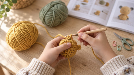 Enfant de 8 ans crochetant un amigurumi avec un kit crochet débutant tout inclus
