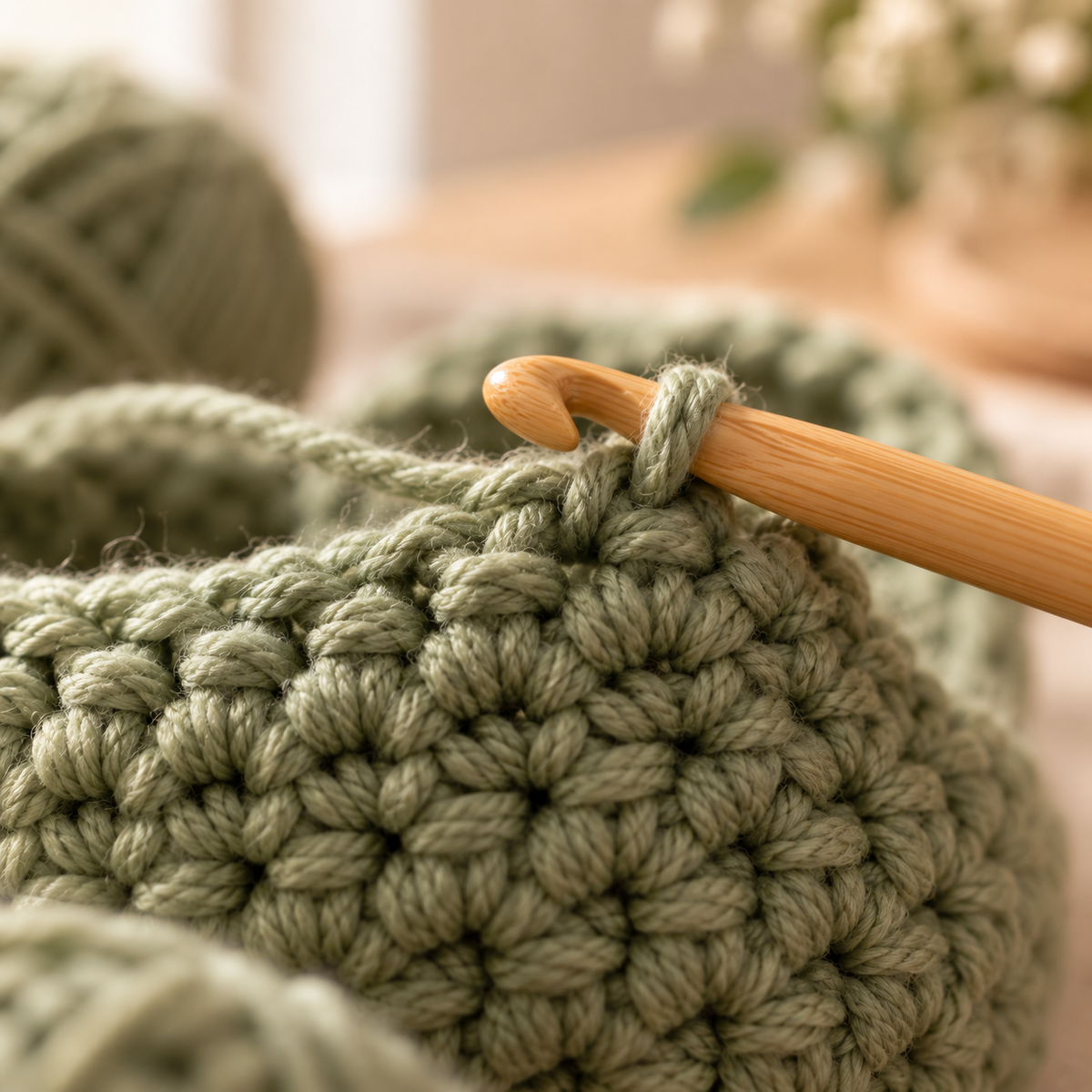 Gros plan sur les mailles serrées d'un ouvrage au crochet en laine vert sauge